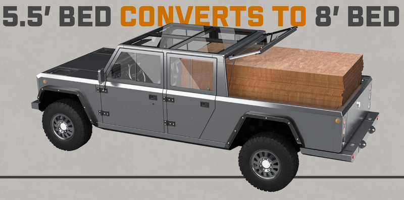 Illustration for article titled The Bollinger B2 Is a Boxy Electric Pickup That Can Haul Ridiculously Long Things